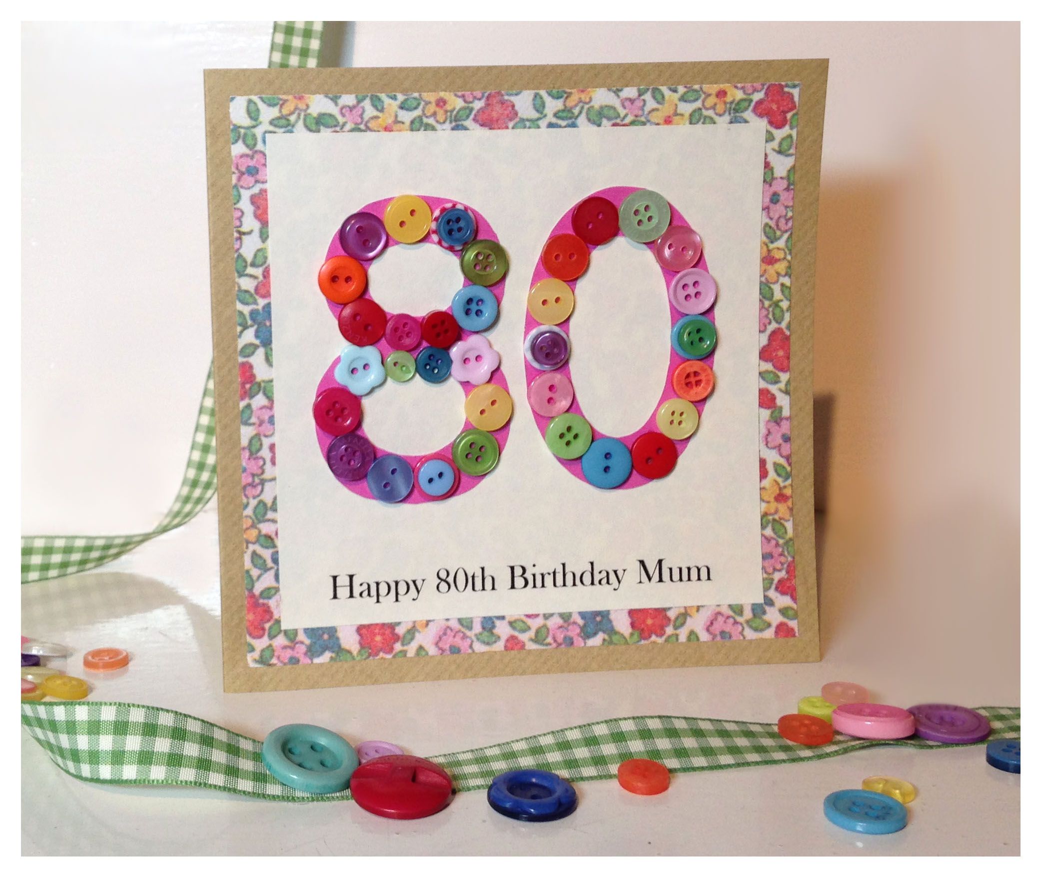 Gorgeous handmade 80th birthday card with floral paper & lots of