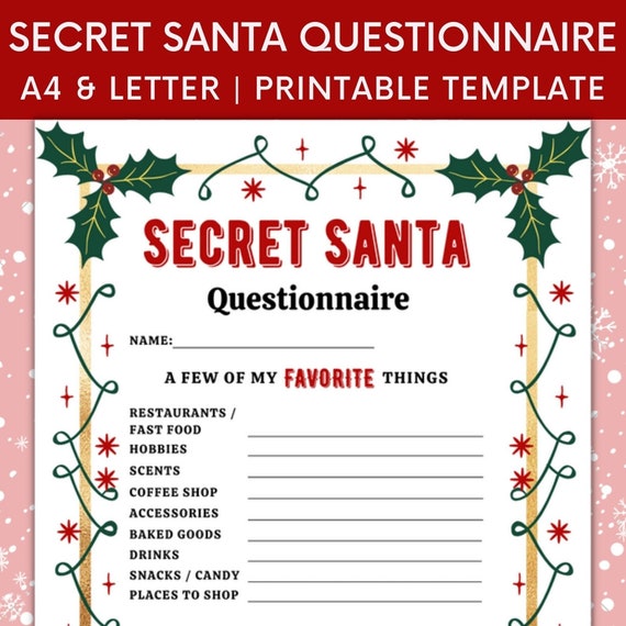 Printable Secret Santa Questionnaire for Christmas Gift - Etsy